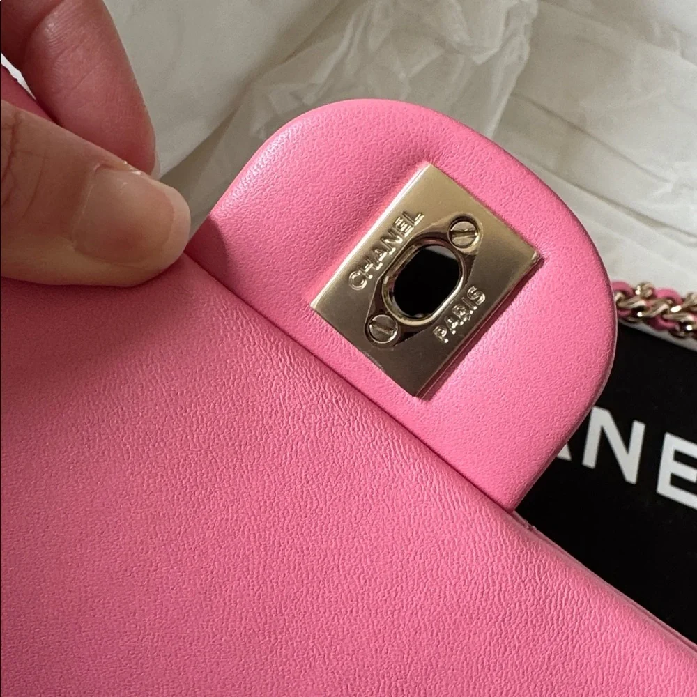 CHANEL 23P Mini Top Handle Pink Lambskin Classic Bag Gold Hardware NIB RARE
